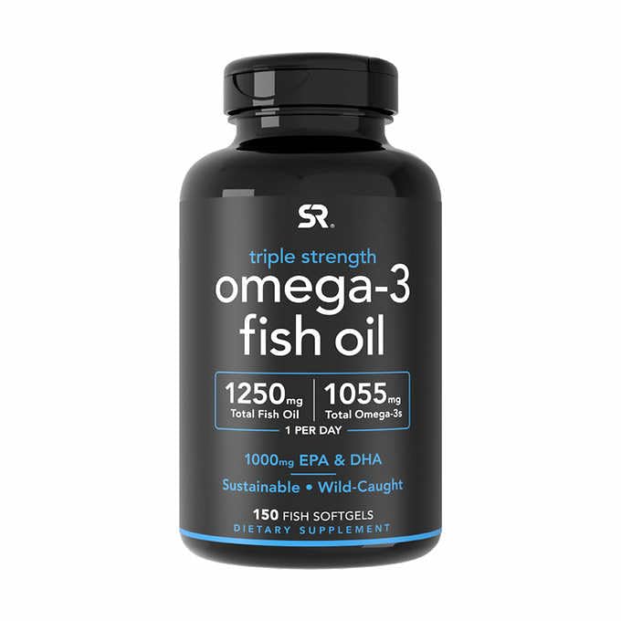 Idrettsforskning Triple Styrke Omega 3 Fiskeolje - Burpless Fish Oil Supplement m/EPA & DHA Fatty Acids fra Wild Fanget Fisk - hjerte, hjerne og immun støtte for menn og kvinner - 1250 mg, 150 ct