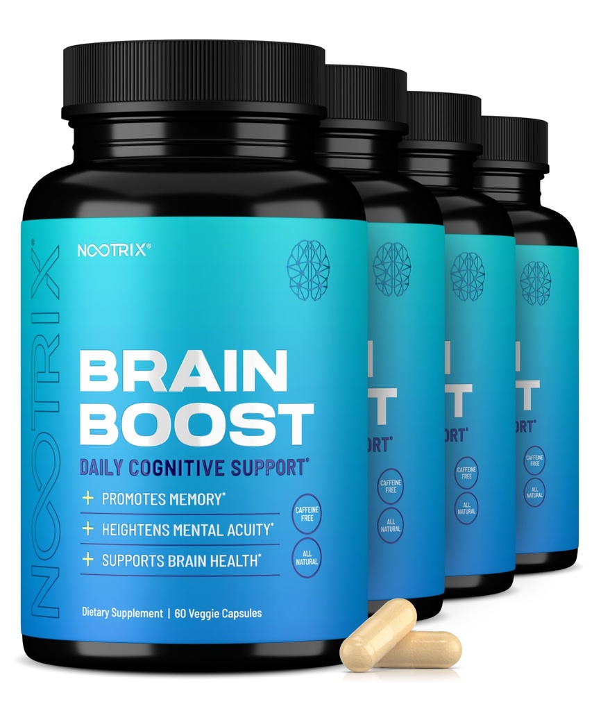 Nootrix Hjerne Boost Nootropic Supplement | Støtter hukommelse, mental fokus, kognitiv helse og energi | Koffein-fri, fremmer sunn humør og hjernefunksjon w/Gingko Biloba & DMAE | 240 kapsler