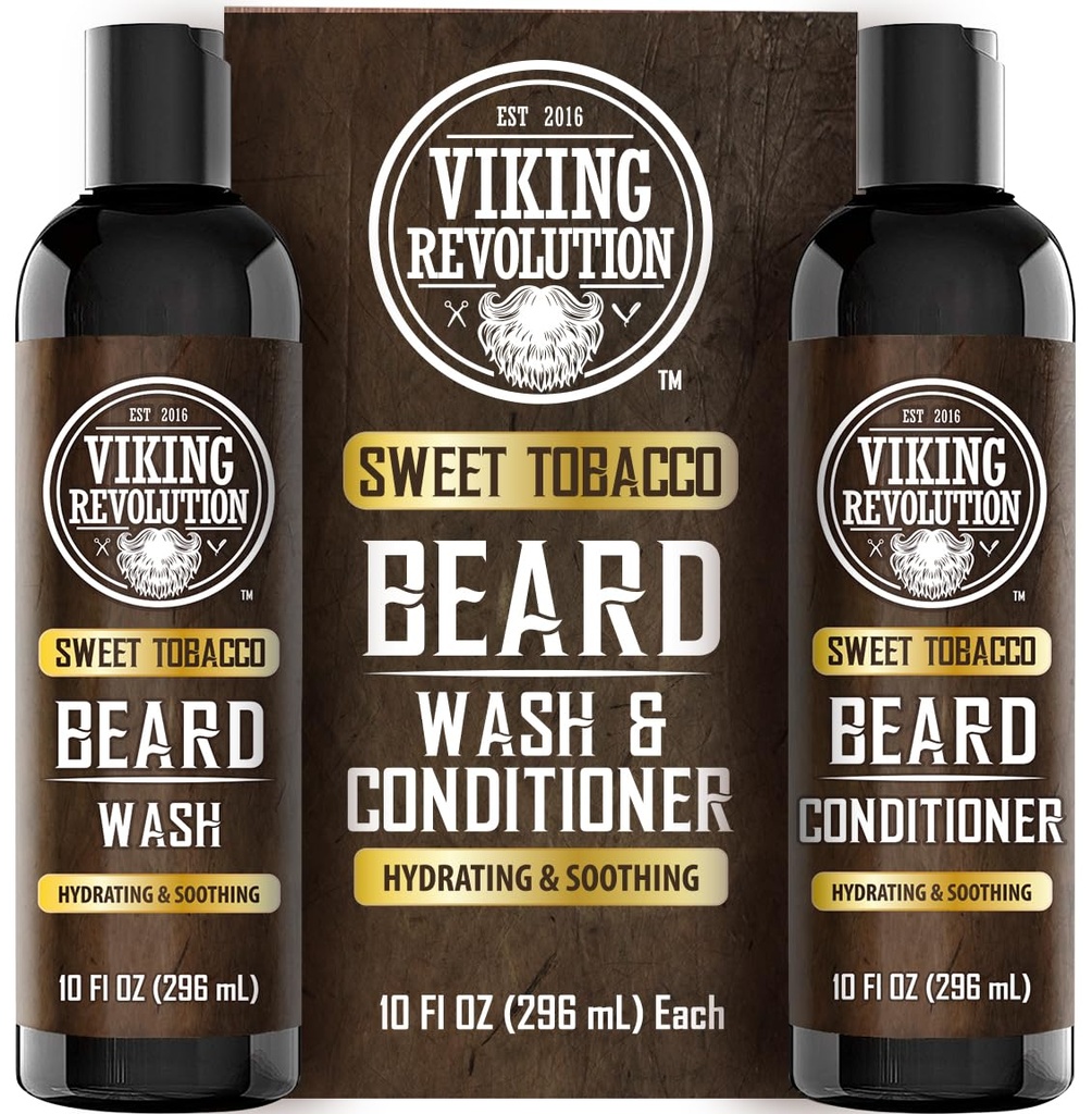 Vikingrevolusjon Skjortevask og Skjeggkonditionering for menn med Argan Olje og Jojoba Olje - Beard Softener og styrke Beard Care Beard Shampoo og balsam med Beard Olje (10oz, søt tobakk)