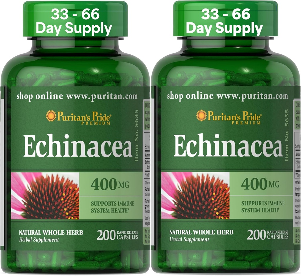 Puritans Pride Premium Echinacea Naturlig Hele Herb Herbal Supplement 400mg, Diett Supplement for helse, Immunsystem støtte, 200 Rapid Release Kapsler, 2 Pack