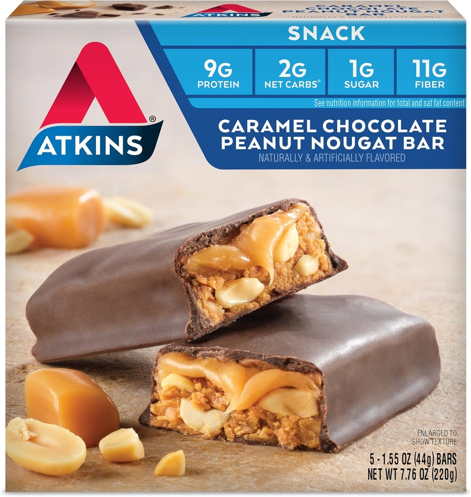 Atkins Caramel Sjokolade Peanut Nougat Snack Bar, Protein Snack, Høy i Fiber, 2g Sukker, Keto Vennlig, 5 greve