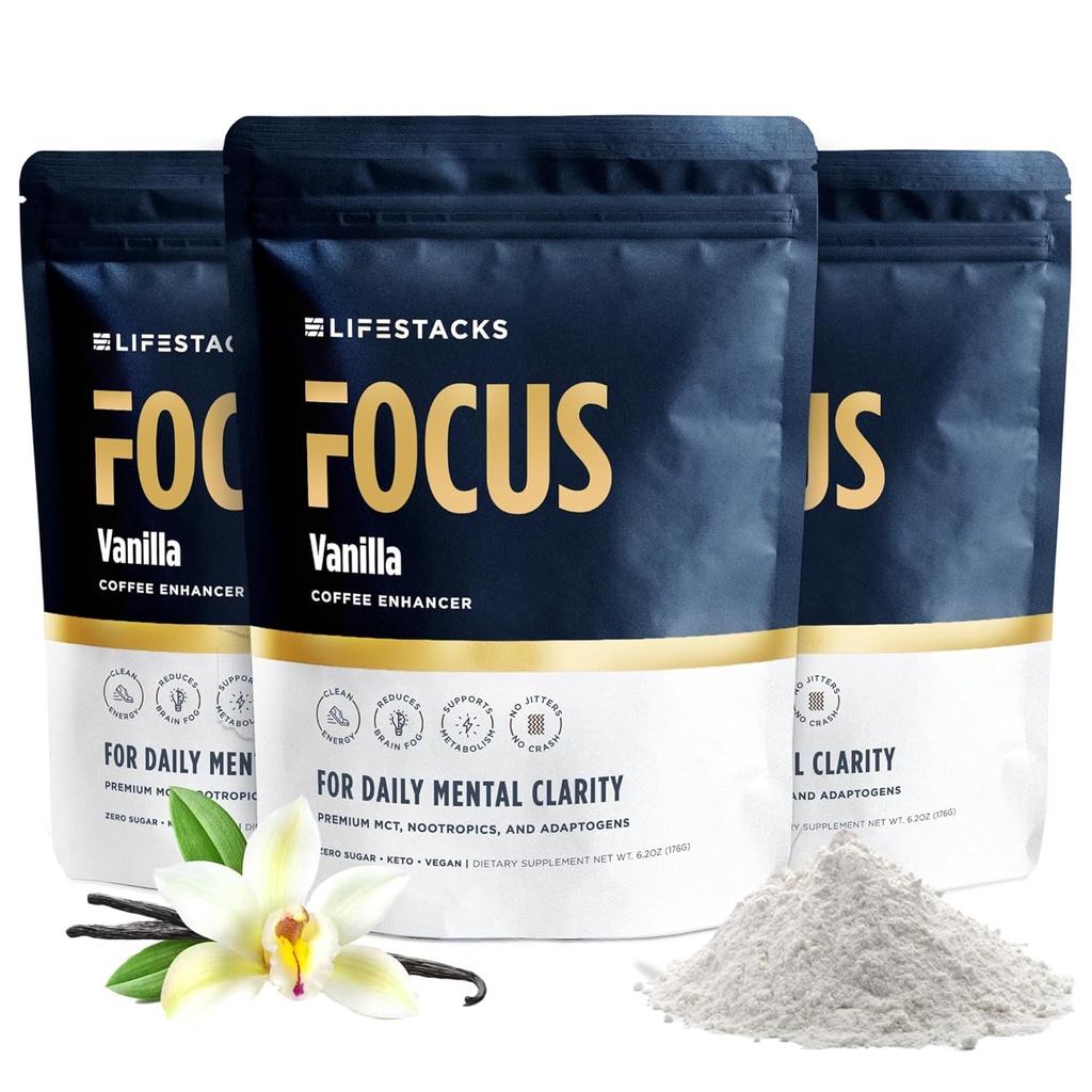 Vanilla MCT Oil 3-pakke - Boost Energy & Clarity - MCT pulver + nootropics + Adaptogens for en økt kaffeopplevelse - keto, vegansk, 0 sukker - med Taurin, L-tyrosin, Rhodiola og mer