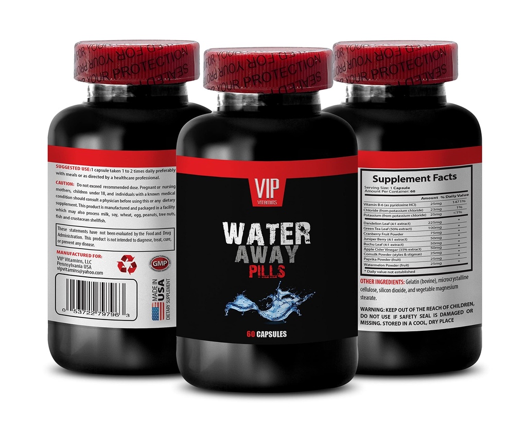 Urinkanalen støtte - WATER AWAY DIURETIC PILLS - Watermelon, Dandelion, Paprika, Kalium, diuretika for vannretensjon i ben og føtter, diuretika vann piller, diuretika kosttilskudd, 1B 60 Caps
