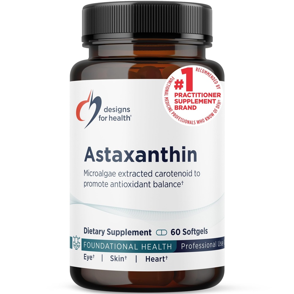 Design for Helse Astaxanthin - Mikroalgae (Haematococcus Pluvialis) Ekstrahert karotenoid Antioksidant Supplement - Støtte for kardiovaskulære, GI, Hud + Eye Health (60 Softgels)