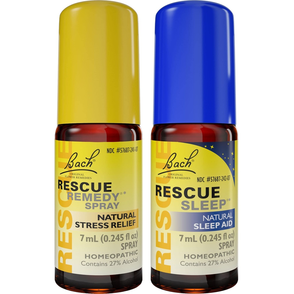 Dag & natt Budle, Bach Rescue REMEDY Spray, Naturlig Stress Relief [og] Rescue SLEEP Spray, Naturlig søvnhjelp - 2-Pk, Homeopatisk Blomster Essens, Vegan, 7ml Ea