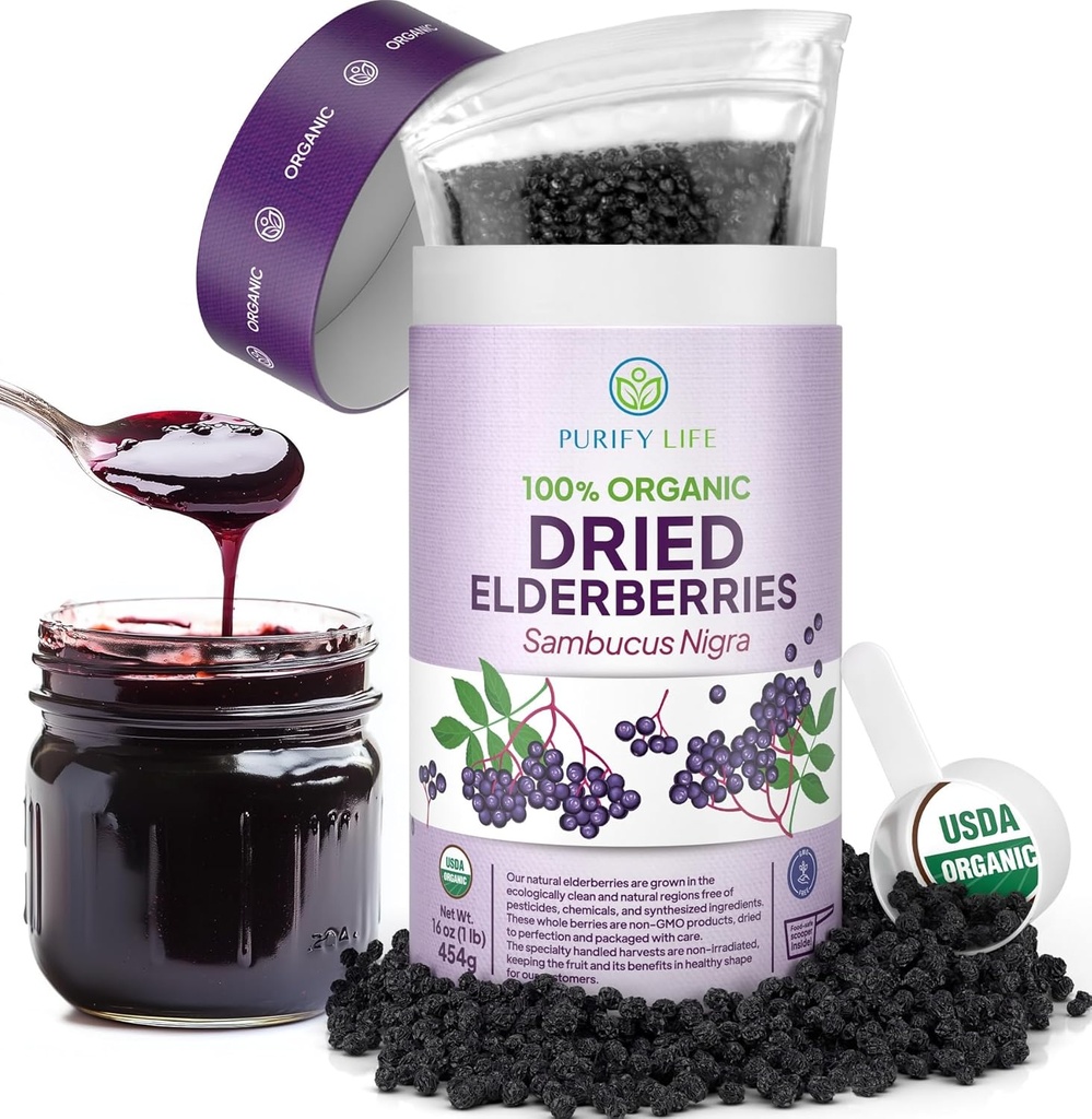USDA Økologisk tørket eldrebær 1lb bulk (Safest emballasje, forseglbar veske, BPA-fri Scoop) naturlig, ikke-irradiert, rå hele svart eldrebær, immunstøtte, gjøre Sambucus eldrebær Syrup, 1 pund