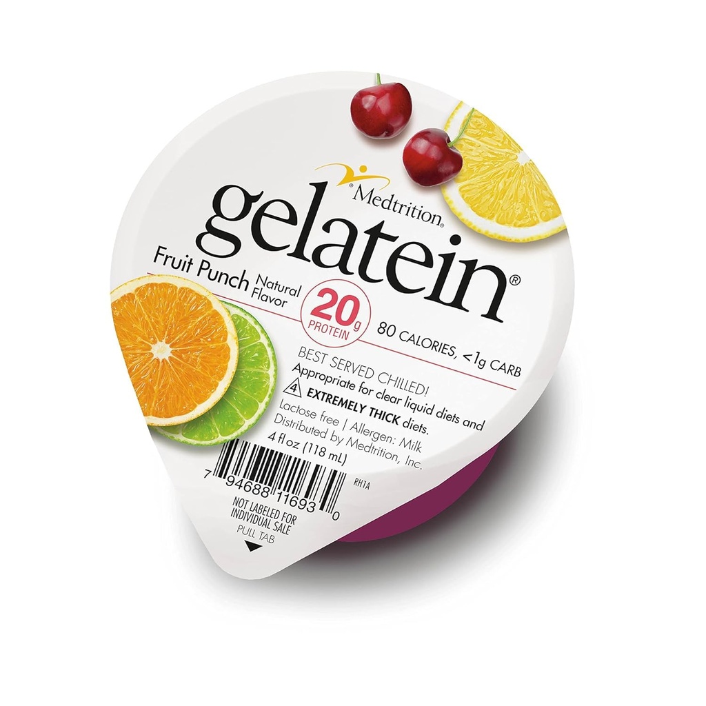 Gelatein Fruit Punch: 20 gram protein. Sukker fri. Ideell for klare flytende dietter, svelgevansker, bariatrisk, dialyse og onkologi. Flott pre eller post-workout snack. (12 pakke)...