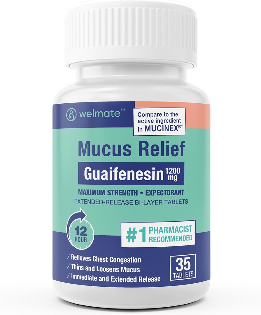 WELMATE - Guaifenesin 1200mg (35 tabletter) - Mucus Relief - Forventning - Cough & Cold - 12 Hr-støtte - Utvidet Bi-Layer Tabletter - Over-The-Counter Medisinering