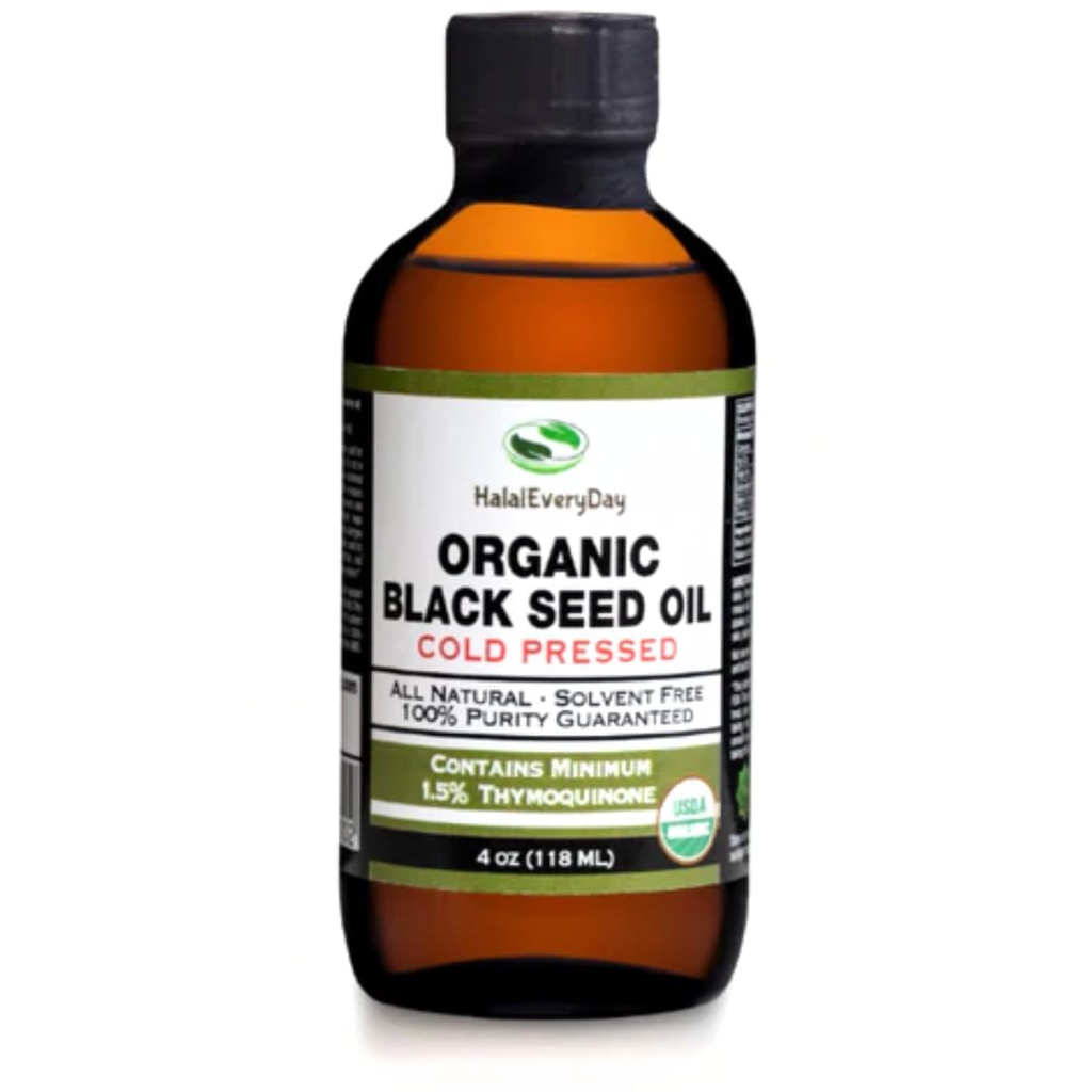 Økologisk svart frøolje - USDA Certified Cold Pressed Glassflaske Over 1,5% Thymoquinon 3X styrke tyrkisk svart cumin Nigella Sativa Ikke-GMO 100% ren svartfrøolje (4oz glassflaske)