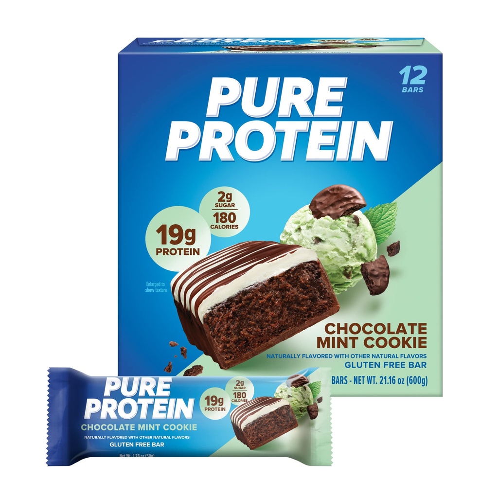 Pure Protein Bars, Høyt protein, Nødvendige Snacks for å støtte energi, Lavt sukker, Glutenfri, Sjokolade Mint-cookies, 1.76oz, 12 greve (Packing May Vary)