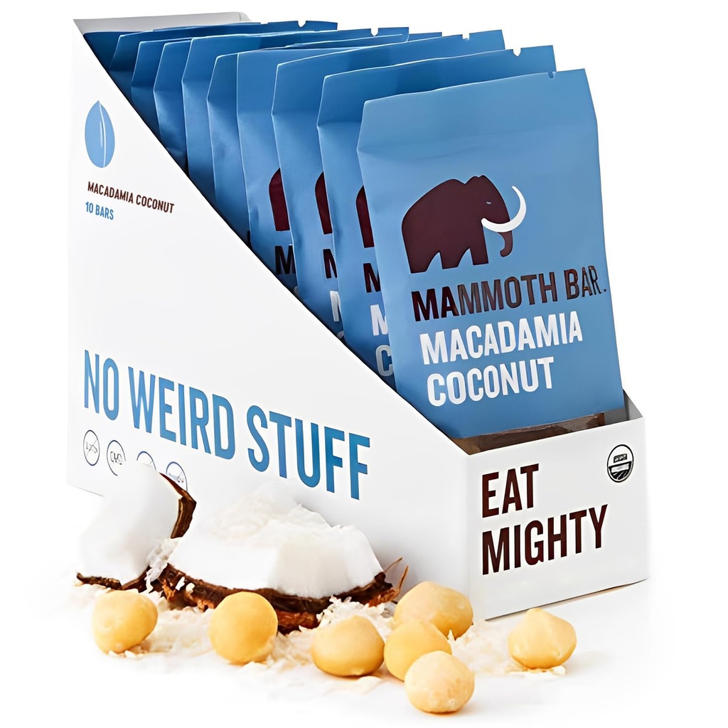 Mammoth Bar Macadamia Coconut Bar - 10 organiske proteinbarer - høy fiber • Paleo • Glutenfri • Eggprotein • GMO Free • Rå • Premium nøtter • Prebiotiske