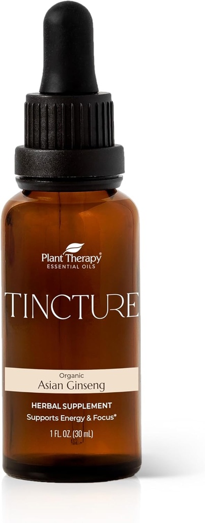 Planteterapi Økologisk Asiatisk Ginseng Root Herbal Supplement Tinktur 30 ml (1 oz) Flott for energi, oppmuntrer Mental Focus, Vegansk, Ikke GMO, Glutenfri, Flytende, 1 Flaske