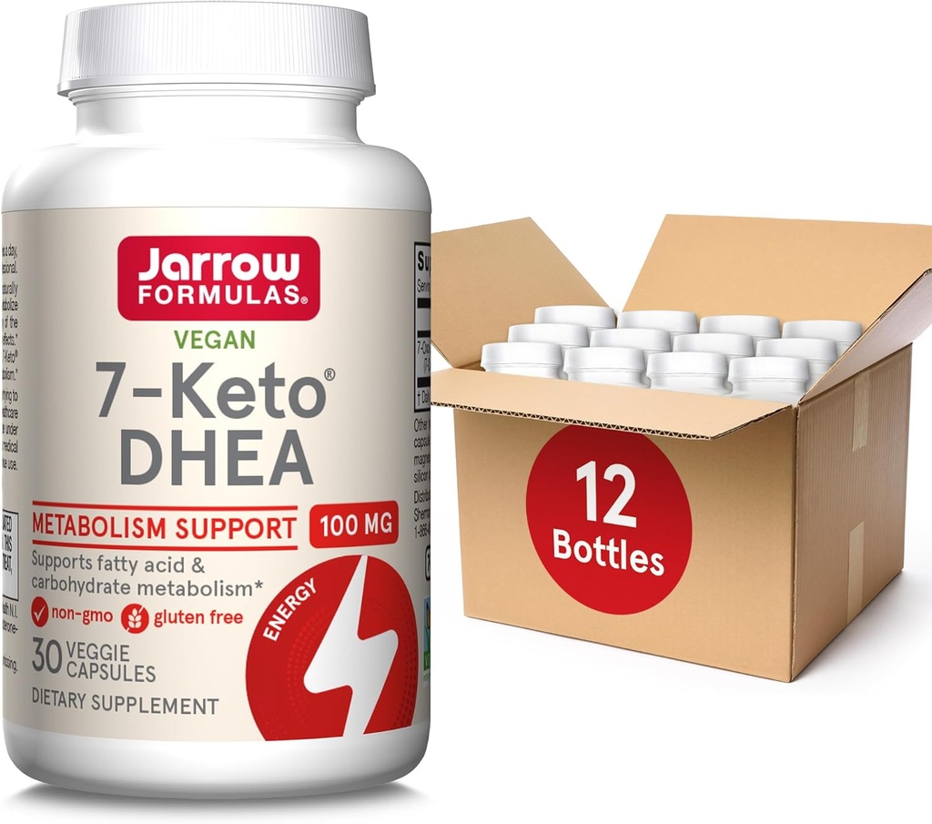 Jarrow Formler 7-Keto DHEA 100 mg, Diett Supplement for fettsyre og karbohydratmetabolisme Støtte, 30 Veggie Kapsler, 15-30 dagers forsyning, Pakke med 12