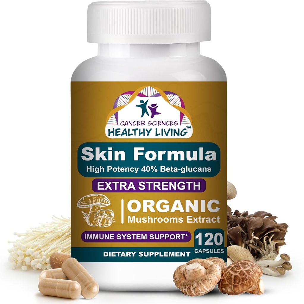 Kreft vitenskaper Hud velvære Supplement, USDA Certified Organic Extract Mushrooms Supplement, Extra styrke 1.500 mg, høy styrke 40% Beta-Glucans, Immunstøtte, Glødende kompleks, 120 kapsler
