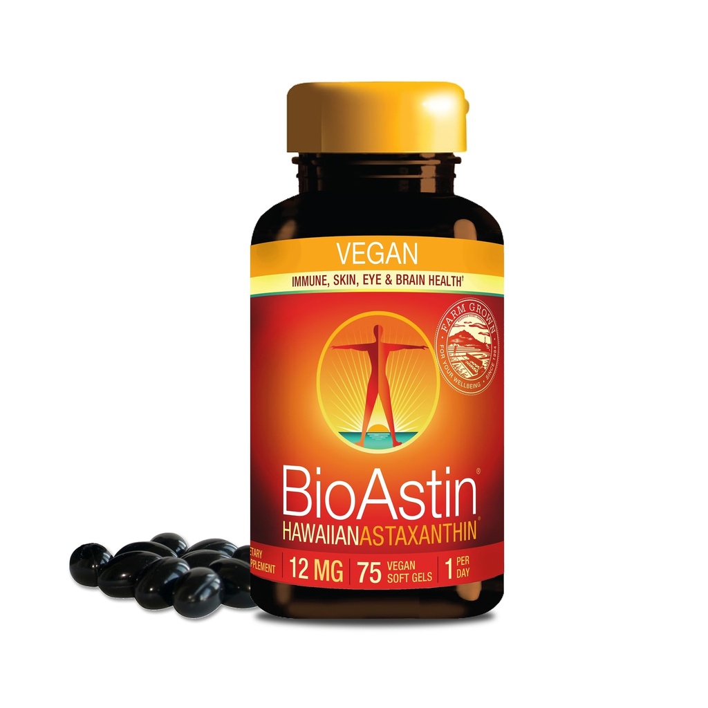 Nutrex Hawaii Vegansk BioAstin Hawaiian Astaxanthin - 12mg, 75 Softgels - Farm-Direct Premium Antioksidant Supplement for å støtte øye, hud, felles og immunsystem helse - Ikke-GMO & Glutenfri