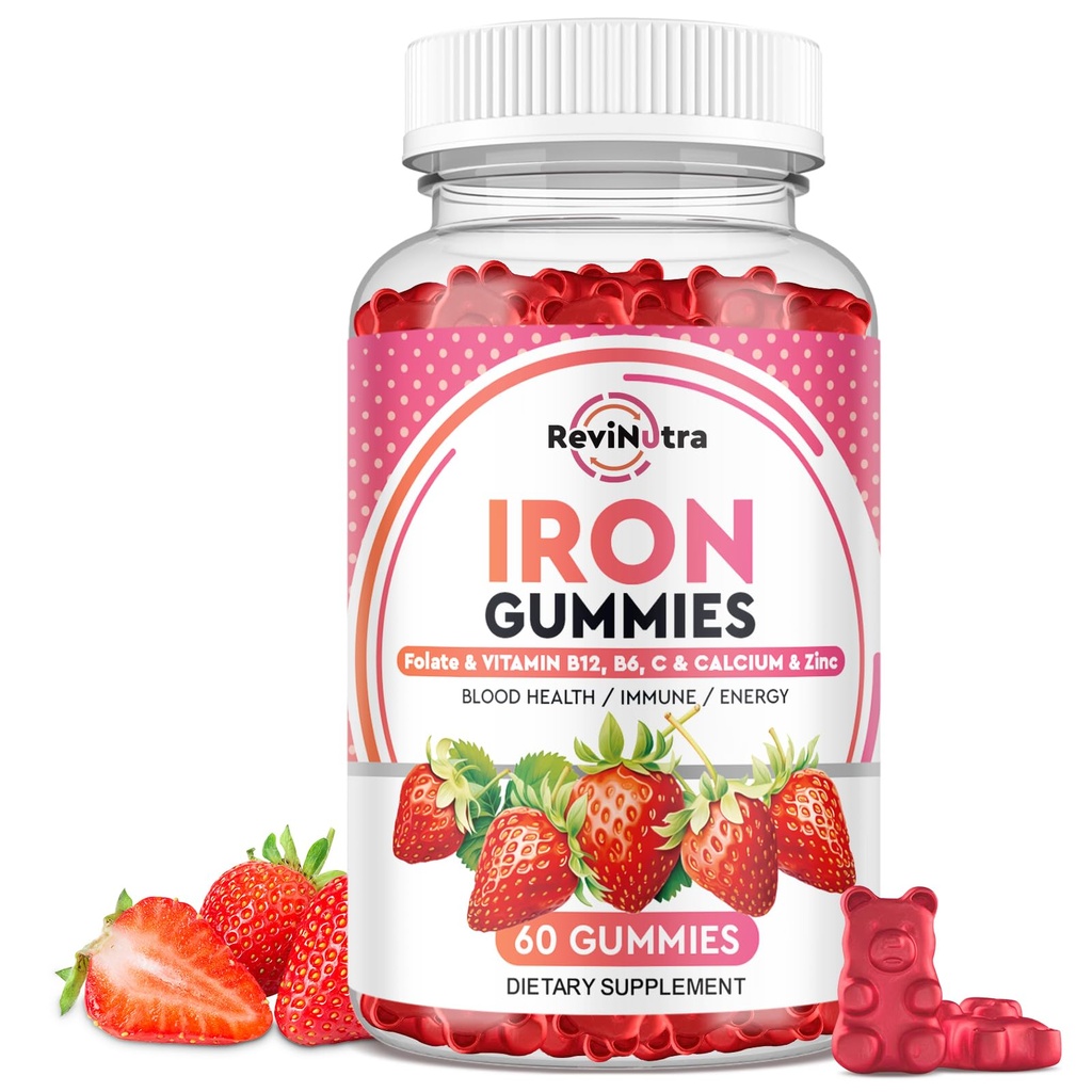 Iron Gummies - med kalsium, sink, folat og vitamin B12, C,B6 for voksne og barn - Blodbygger og energi støtte for jernmangel, anemi, vegan - 60 gummier