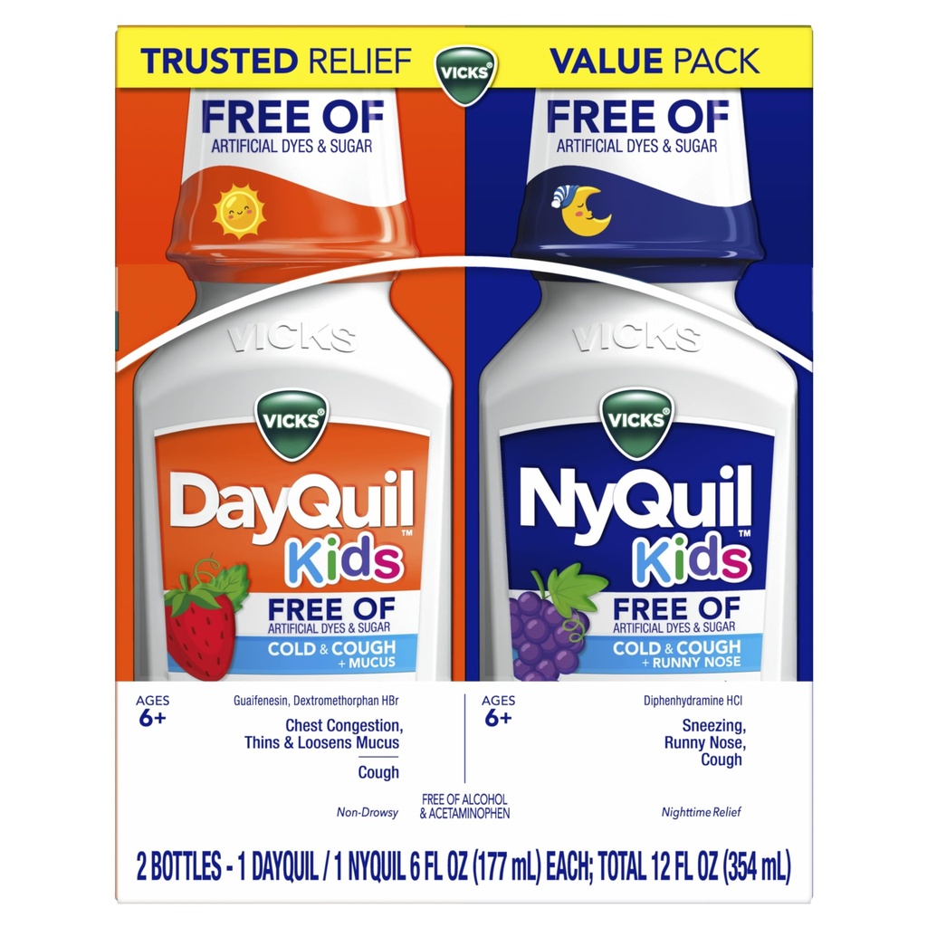 Vicks Kids DayQuil & NyQuil Cold & Cough Relief Liquid Co-Pack, Fri for kunstige dyser og sukker, Multi-Symptom Relief av Cough, Sneezing, Runny Nese, Mucus og Chest Congestion, for alderene 6+, 2x6oz