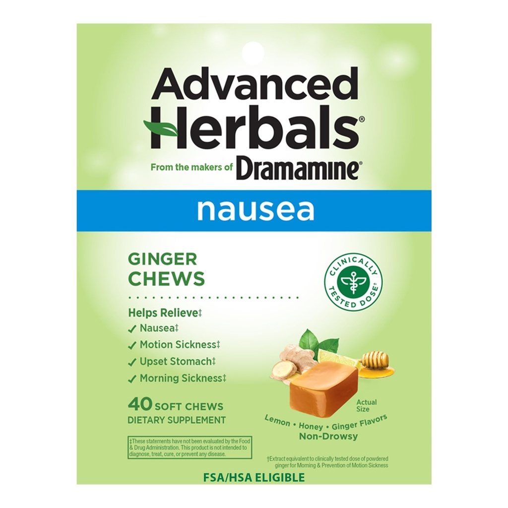 Fra The Makers of Dramamine, Advanced Herbals, Ginger Chews, Humør Relief Mykt Chews Lemon-Honey-Ginger, 40 Count