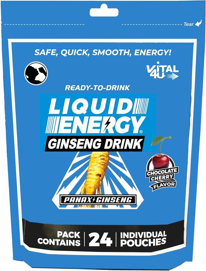 VITAL 4U® Flytende energi Shot - Ginseng, naturlig søtet, sjokolade Cherry Flavor, 24 ct