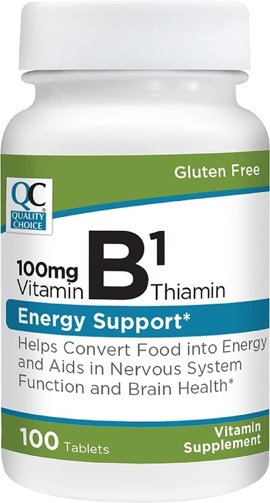 Quality Choice Vitamin B1 Thiamin 100 mg Energistøtte, nervesystemfunksjon, & Helse Helse Vitamin Supplement Tabletter, 100 telling flasker