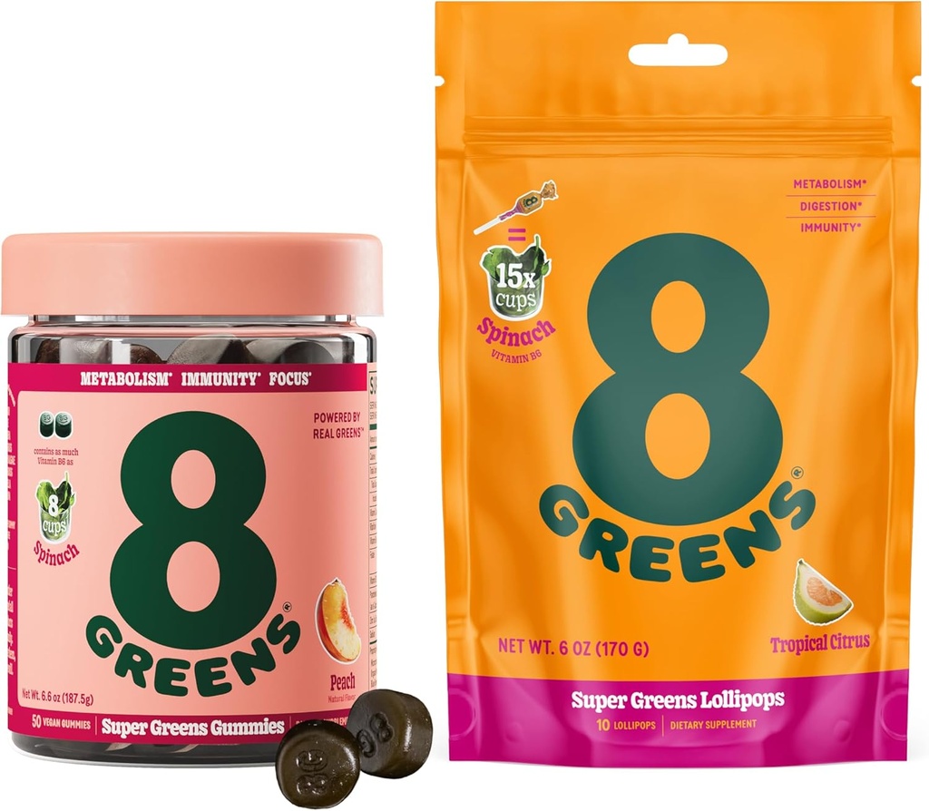 8Grønner Daglige Grønne Gummier og Lollipops, Energi & Immun Support, Glutenfri, Vegansk, Ikke-GMO, Ingen kunstige farger & Flavors