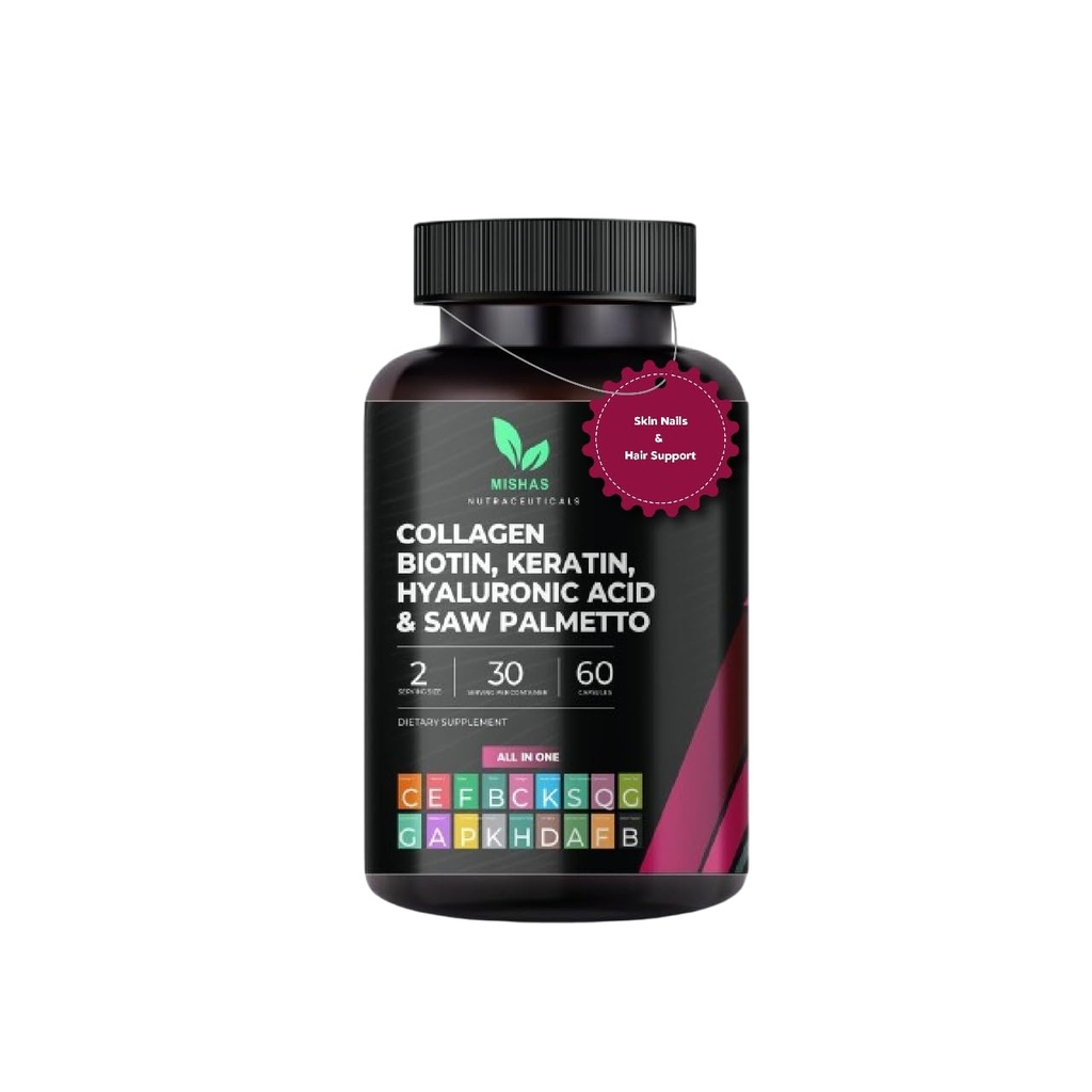 Multi kollagen hårpiller - Biotin 10 000mcg, keratin & hyaluronsyre - hårvekst - Håret Hud & negler Vitaminer & DHT Blocker - Vitamin E Folsyre Pumpkinfrø MSM, så Palmetto 60 Vegan Kapsler