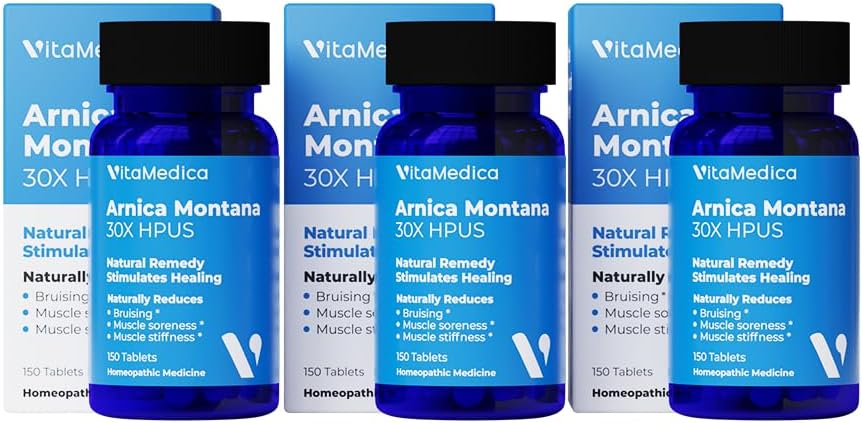VitaMedica Arnica Montana 30X Homøopatiske tabletter for å miste smerte og heve | Plantebasert formel | Anbefalt av plastikkkirurgi | Naturlig gjenoppretting kirurgi eller skade | 3 Pack | 150 serveringer