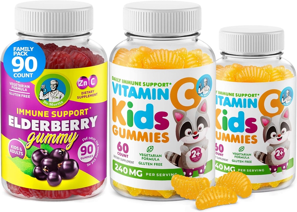 DR. MORITZ Vitamin C Gummies og eldrebær Gummies for barn og voksne - Immunstøtte Lavsugar Chewable Gummy vitaminer for Toddlers - Vegetarisk Gelatin-fri barnediett Supplement