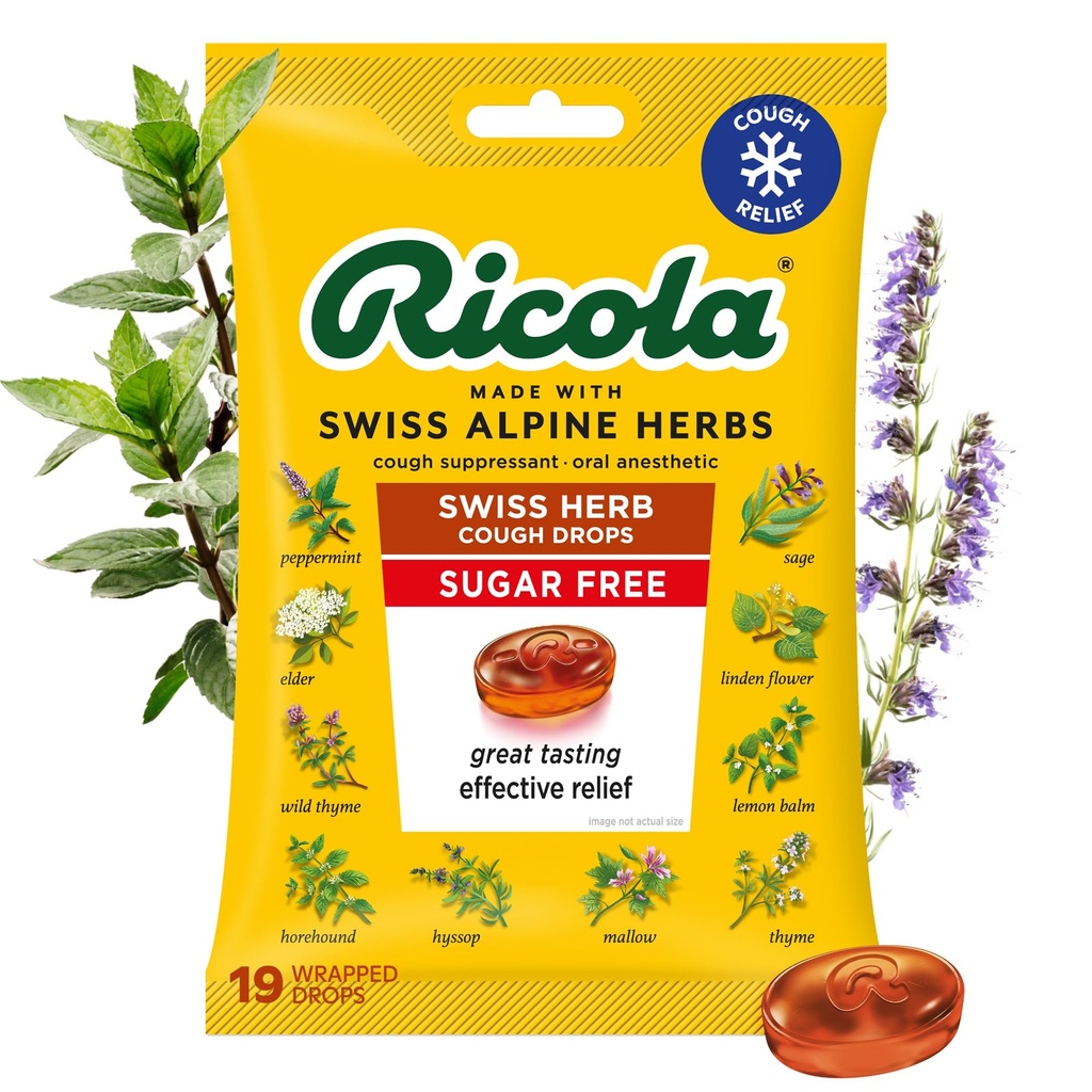 Ricola Sukker Gratis Sveitsiske urter Cough Drops, 19 greve, Cough Suppressant & Throat lindring dråper med naturlig kildet Menthol, beleilig smak for grender & Throat Irritation Symptom Relief