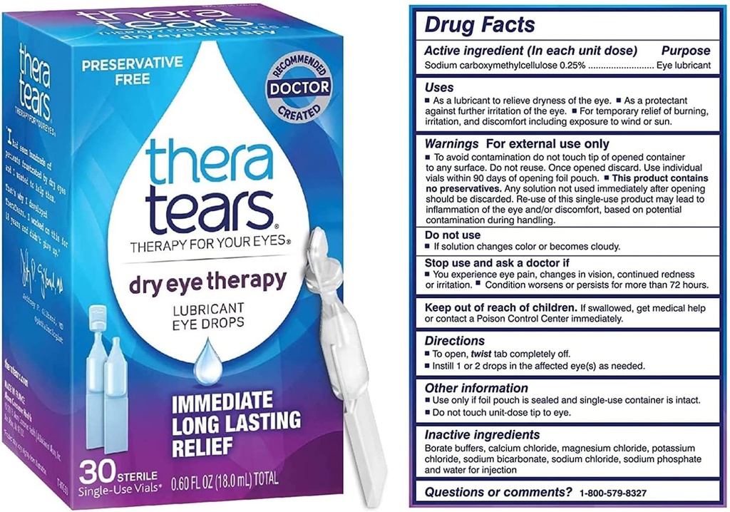 TheraTears Tørr Eye Therapy Smørende Øyedråper for tørre øyne, Preservative gratis øyedråper, 30 enkeltbruksglass (3 Pack)