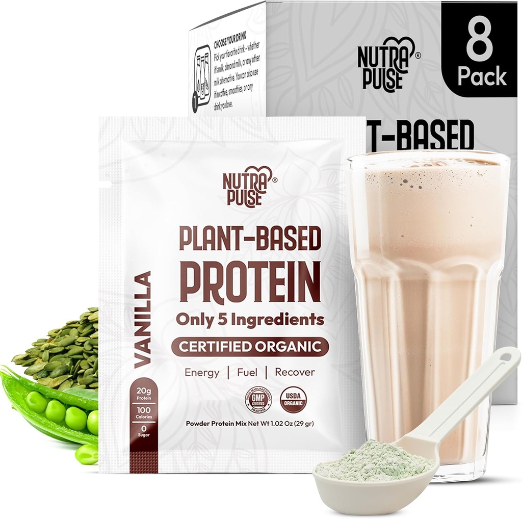Organisk Vegan Protein Powder prøve pakke - Plantebasert protein, Glutenfri, Ikke GMO, 20g Protein Per Serving, Flott for Smoothies & Shakes (Vanilla, Pakke med 8)