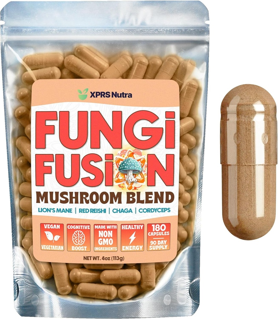 XPRS Nutra Fungi Fusion Mushroom Blend Kapsler - 180 greve (90 dagers levering) Premium blanding av Lions Mane, Reishi, Chaga, Cordyceps Kapsler for å støtte mental klarhet, kognisjon, energi og immunitet