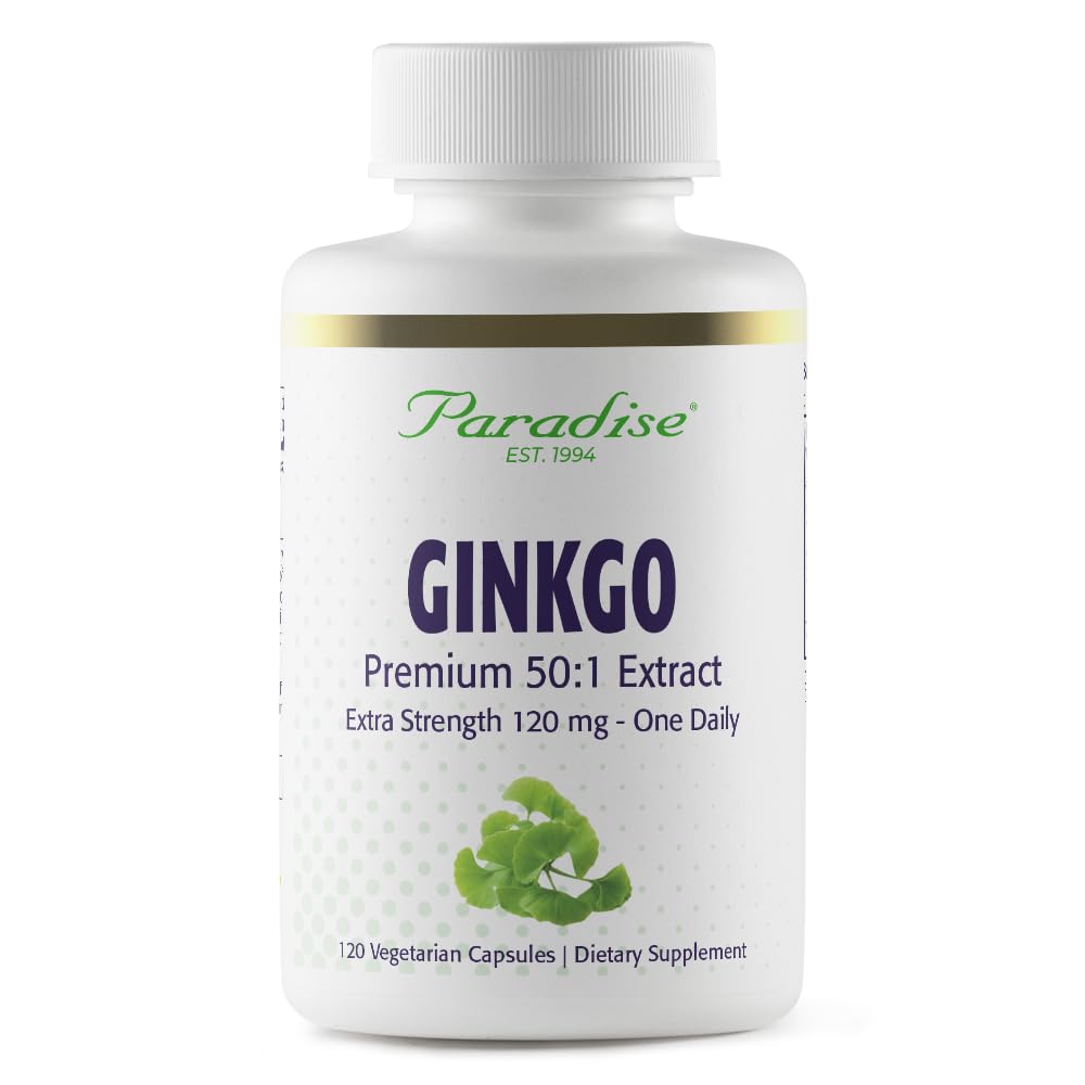 Paradise urter Ginkgo Biloba Ekstrakt, Super Potent, Ultra ren, Vegan, Ikke GMO, Glutenfri, 120 Vegetariske kapsler