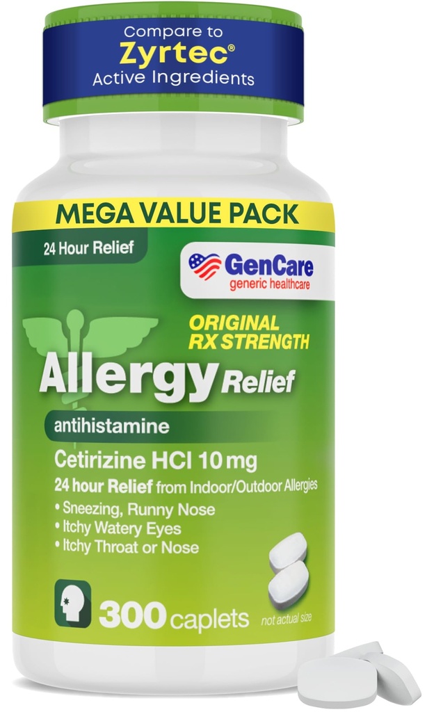 GenCare - Cetirizine HCL 10 mg (300 kapler) - 24-timers Allergy Relief piller - Ikke Drowsy Generic OTC Allergy Medisin - Antihistamin medisin for Sneezing, Runny Nese & Itchy Eyes - Generic Zyrtc