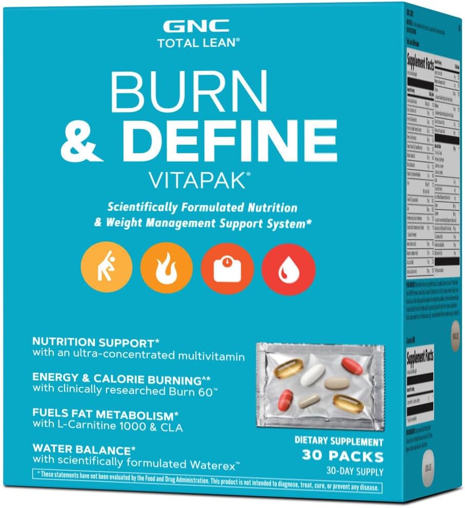GNC Total Lean Burn and Define VitaPak-programmet for menn og kvinner, 5-i-1 pakke for energi, vektkontroll, kaloriforbrenning, immunhelse, vannbalanse, 30 serveringer