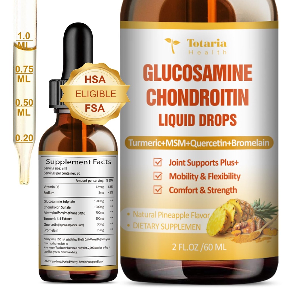 Glukosamin Chondroitin MSM flytende dråper FSA-HSA - Felles støtte supplement for mobilitet, fleksibilitet og bein Chondroitin Sulfate Supplement Turmeric, Quercetin, Bromelain, MSM Olje 2 FL.OZ