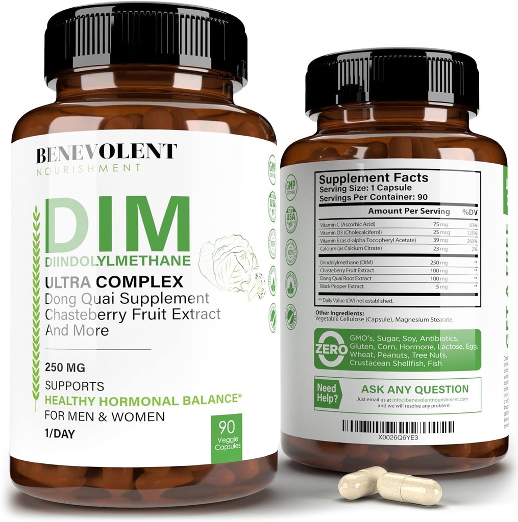 Benevalent Nourishment Maksimal styrke DIM Supplement 250mg – 90 Vcaps Diindolylmetan Ultra Complex Plus Chasteberry, Dong Quai ekstrakt + Mer