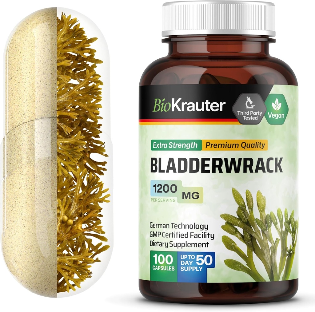 Bladderwrack Kapsler 1200 mg - 100 greve - Formula fra naturlig marine kilde til jodin - Vegan Bladderwrack pulver Caps