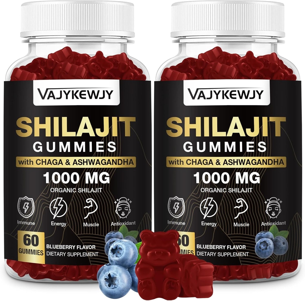 1000 MG Shilajit Gummier, organiske Shilajit Gummier med 85+ Trace Minerals, Fulvic Acid, Shilajit for menn og kvinner, Shilajit Resin, Shilajit Himalayan Organic for energi, hjerne, immunitet, 120 greve