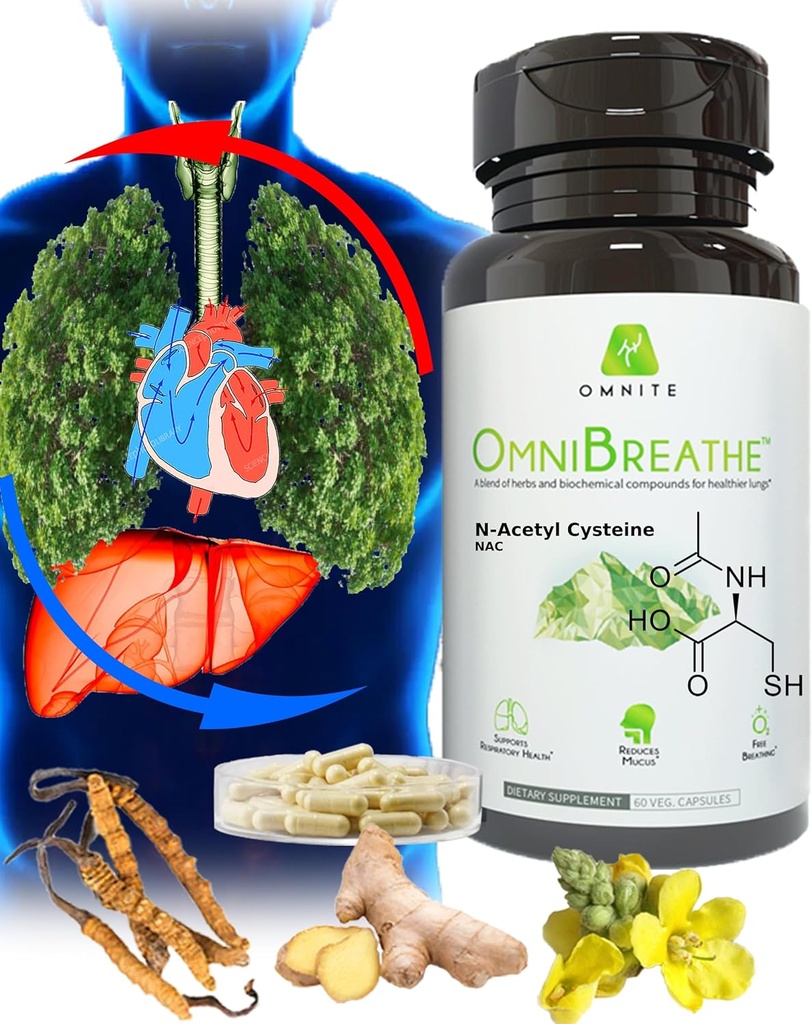 OMNIbreATHE - Rask forbedring pusteproblemer av NAC 600MG vitenskapelig formulerte w. Quercetin/Mullein/Coq 10/Ginger/Stinging Nettle/Bromeain,3 ganger w. Måltid (10-dagers levering til å øke)