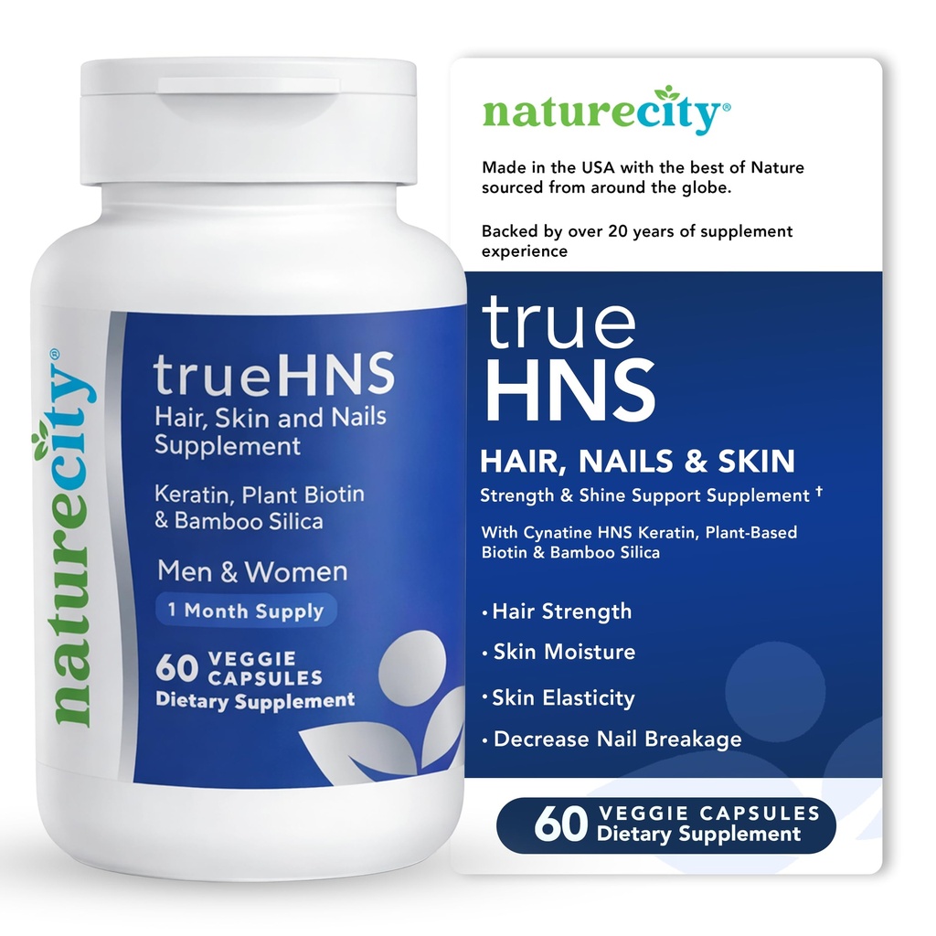 NatureCity True-HNS Hår Nagler og Hud Cynatin Keratin og Plant Basert Biotin vitamin Supplement | Fullere og sterkere hår og negler | Ikke GMO | 60 Veggie Kapsler
