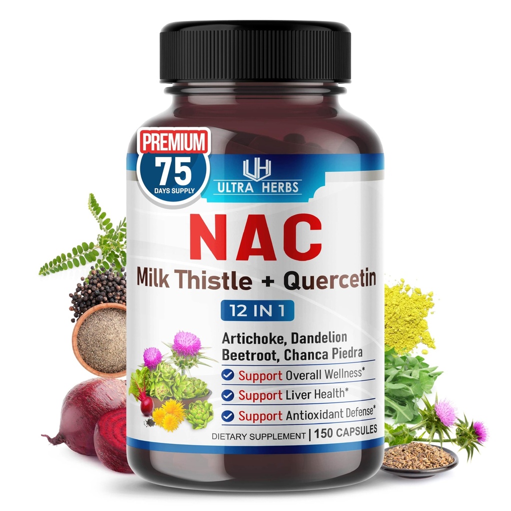 NAC Supplement N-Aetyl Cysteine Beriket med Melk Thistle, Quercetin - Støtte immunitet, pustende helse og lever Detox ® 150 kapsler