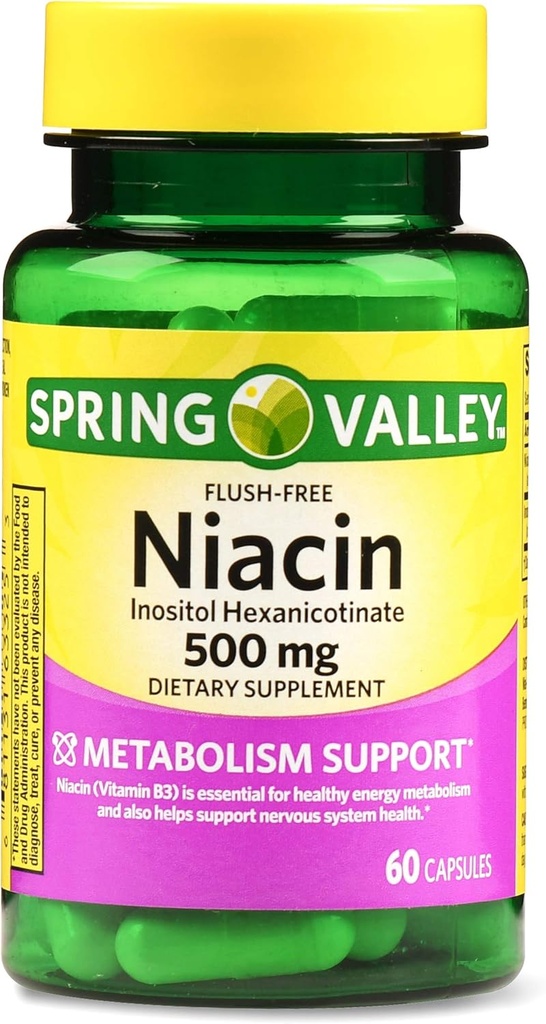 Spring Valley Flush-fri Niacin 500 mg metabolisme støtte, 60 kapsler (pakke på 2)
