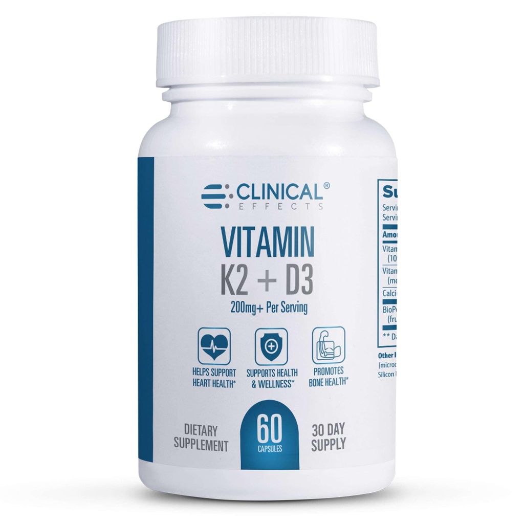 Clinical Effects vitamin K2 + D3 - K2 + D3 Vitamin Supplement med Bioperin Black Pepper Ekstrakt og Kalsium for bein og hjerte helse støtte - 60 kapsler - Maks absorpsjon - laget i USA