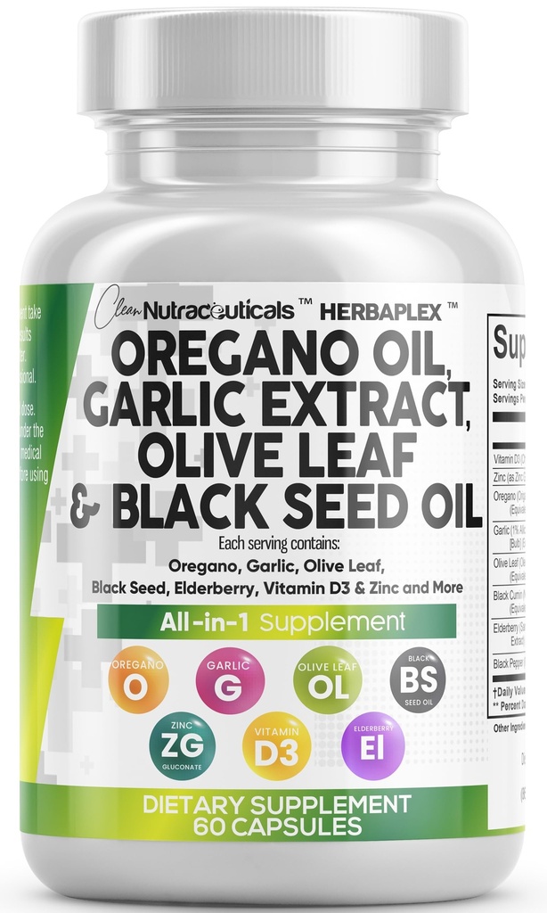 Ren Nutra Oregano olje med svart frøolje hvitløk olivenblad ekstrakt - Olje av Oregano kapsler immunstøtte karvakrol og tymokinon Supplement for kvinner og menn + eldrebær vitamin D3 & sink