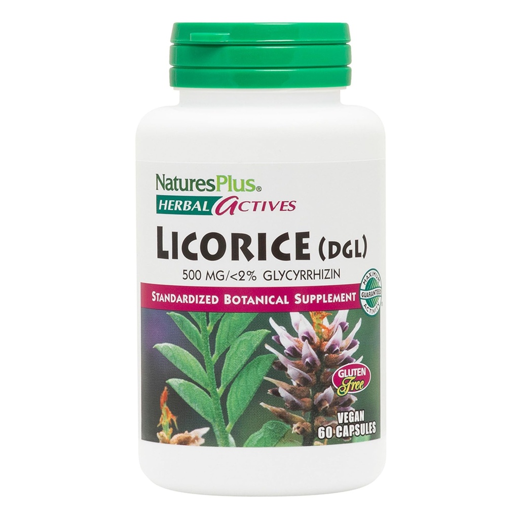 Natures Plus Herbal Actives Licorice (DGL) Kapsler - 500mg, 60 Vegansk Kosttilskudd - Vegetarisk, Glutenfri - 60 Serveringer