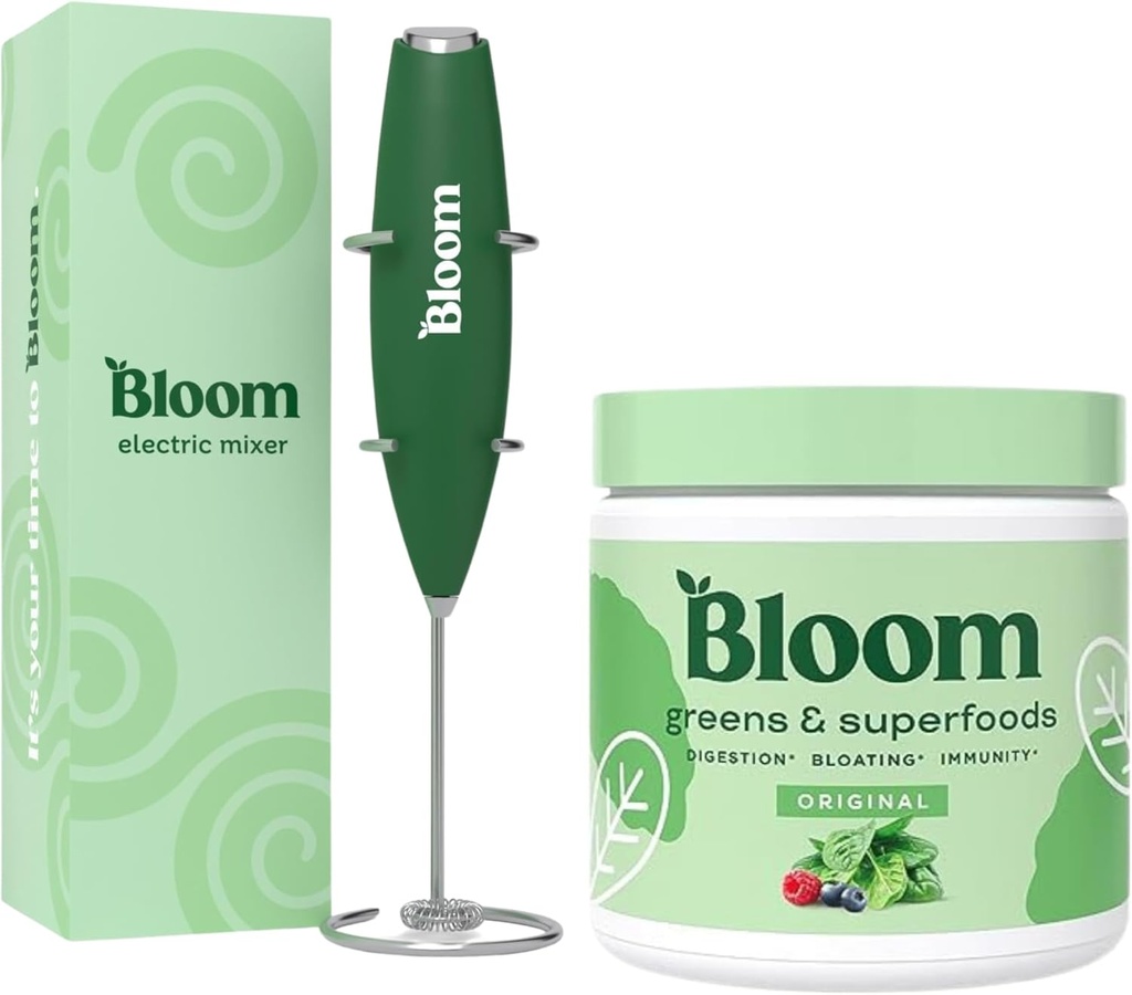 Bloom Ernæring Superfood Grønn pulver, Digestive Enzymer med probiotika og prebiotika, Gut helse, Bloating Relief, Original + Melk Frother High Powered Hand Mixer