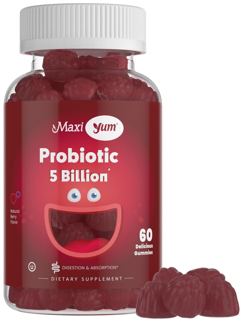 Maxi Helse Yum, Probiotiske Gummier med 5 milliarder CFU av Digestive Helse Probiotika, Kosher Certified Natural Berry Flavor Gut Helse Chewable Gummy Supplement for menn og kvinner, 60 Gummies