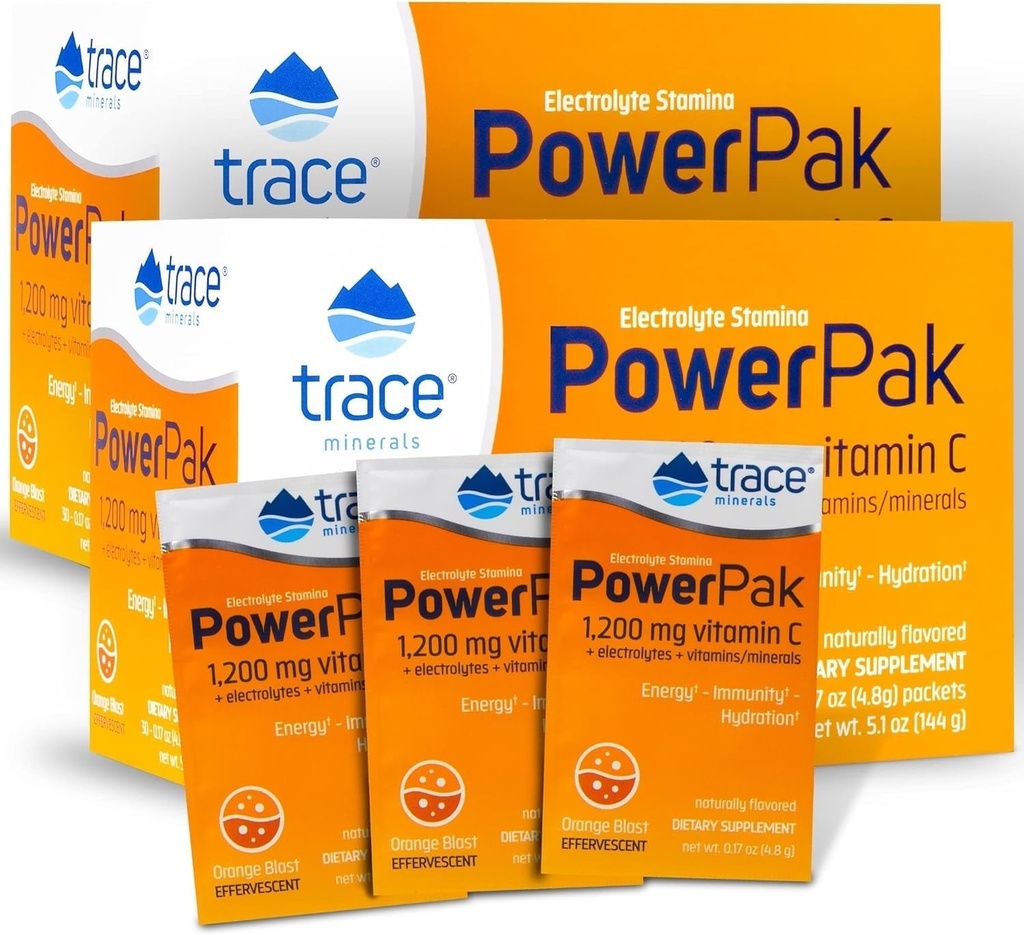 Spor Mineraler | Power Pak Electrolyte pulver pakker | 1200 mg Vitamin C, sink, magnesium | Økt immunitet, Hydrasjon og naturlig energi | Orange Blast | 60 Packets