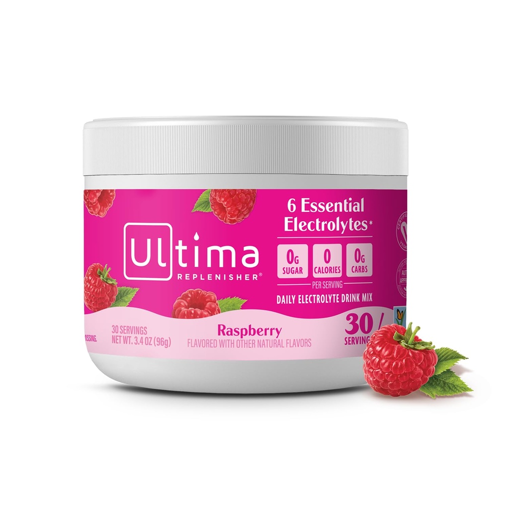Ultima Replenisher Daglig Electrolyte pulver drikk blanding – sukkerfri – bringebær, 30 serveringer – Hydration pulver med 6 nøkkelelektrolytter og spormineraler – ketovennlig, vegansk, ikke-GMO